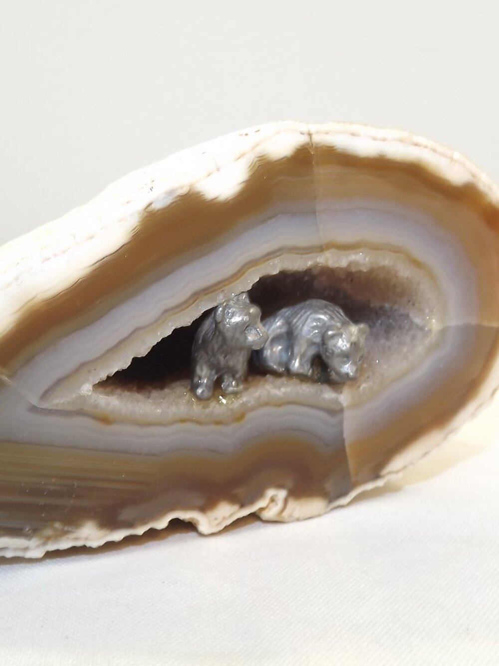 Artisan Striated Agate Diorama Geode with Pewter Bears